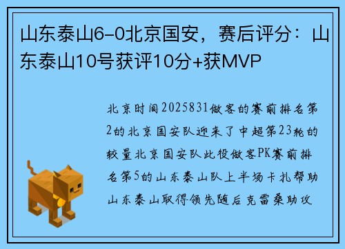山东泰山6-0北京国安，赛后评分：山东泰山10号获评10分+获MVP